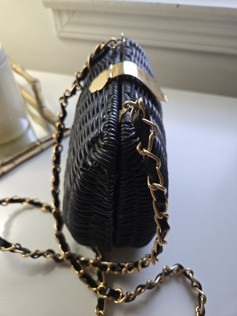 Black Woven Crossbody Bag with Gold Chain Strap - Picture 6 of 8